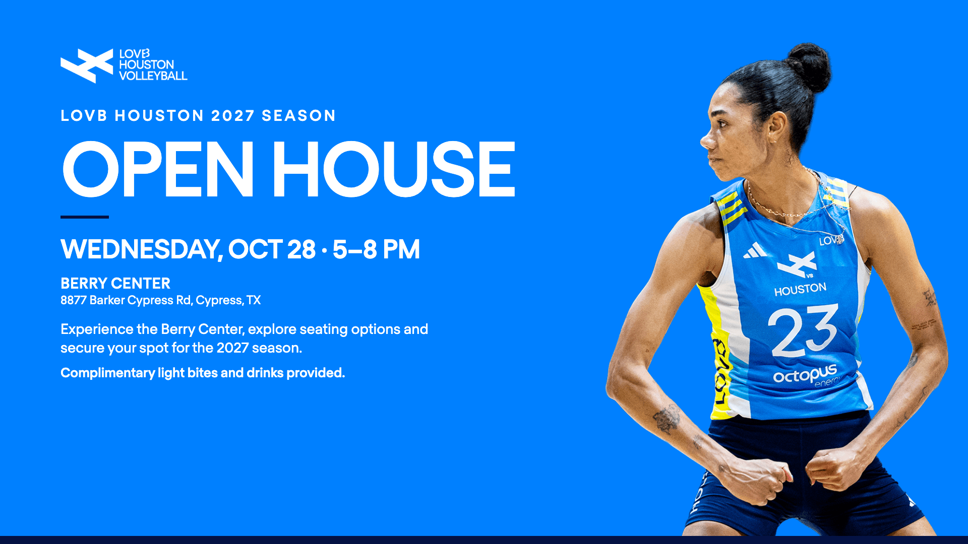 Join LOVB Houston on October 28 for an Open House at the Berry Center